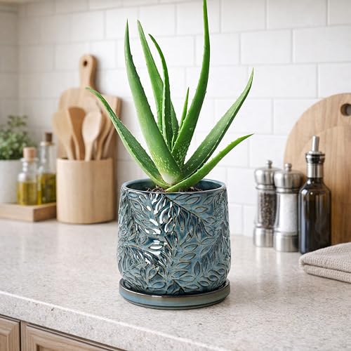 Embossed Leaves Ceramic Planter (5 Inch / Ocean Teal)