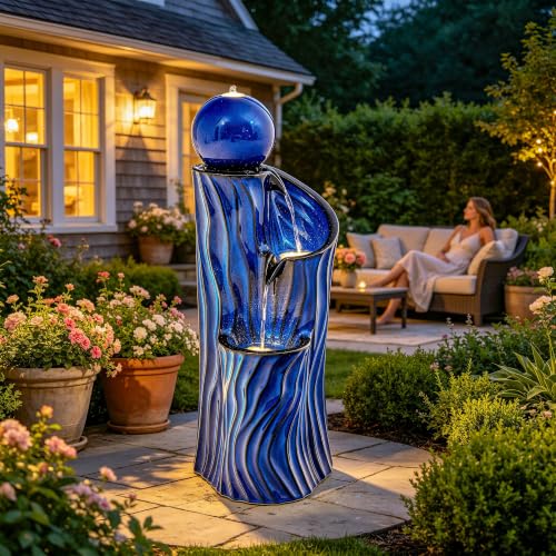 32"Ceramic 3 Tier Sphere Outdoor Water Fountain (Blue Wave Texture Cobalt 32"h-sphere)