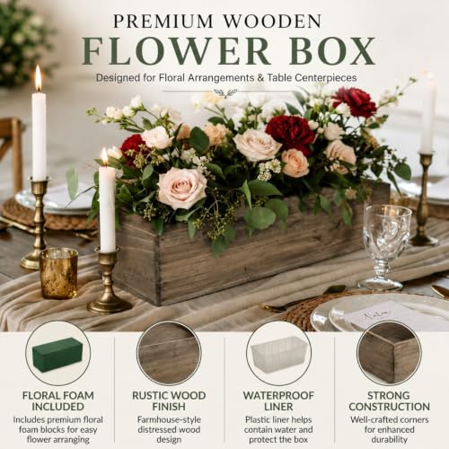 12 Set Wood Boxes for Centerpieces 16x4 Inch Rectangle Wooden Planter Box Rustic Wooden Planters with Removable Plastic Liner Floral Foam Blocks for Christmas Wedding Home Garden Decor (16 x 4 Inch / Brown)