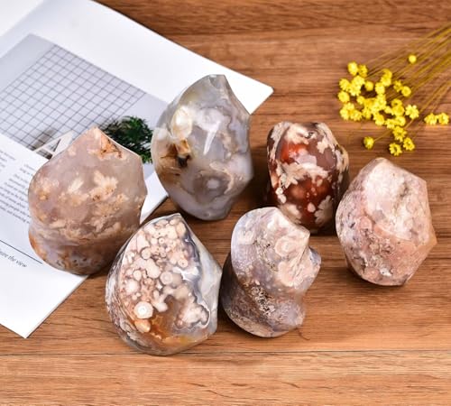 1.5 2.2LBS Cherry Blossom Agate Flame Shaped Stone Tower Flower Natural Healing Crystal Quartz Obelisk with Reiki Energy for Home Office Decoration (Cherry Blossom Agate / 1.5-2.2 Pound)