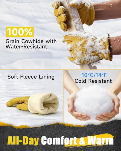 Water Repellent Cowhide Leather Winter Work Gloves for Men Gold S (Golden - Thermal / Small)