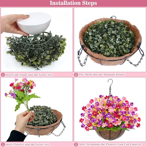 Artificial Hanging Flowers Basket for Outdoor Spring Summer Decor (Daisy Purple Mix)