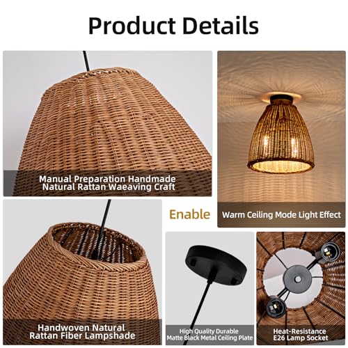 13.8" Rattan Pendant Light (Dark Brown Rattan / 13.77" 2-Light)