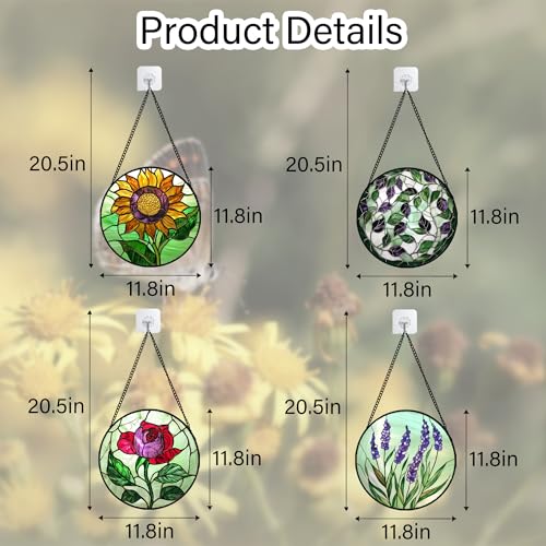Stained Glass Window Hanging 4 Pcs Set Red Roses Yellow Sunflowers Large 11.8" (4-piece Green Set / 11.8x11.8 IN)