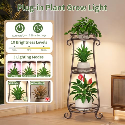 3 Tiers Metal Corner Plant Stand Tall with Light for Indoor Outdoor (Bronze with Light / 3 Tier)