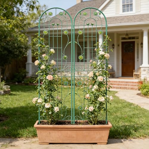 2 Pack Metal Garden Trellis 86.7" H Garden Fence Rustproof Trellis for Climbing Plants Support Roses Flower Outdoor Lawn Green (Green-2PCS-Flower / 86.7")