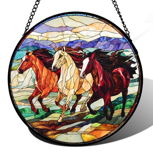 Running Horses Stained Glass Window Hanging Suncatcher Gift for Women 6.3" (White Brown / 6.3x6.3 IN)