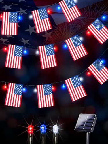 4th of July Decorations 50 LED Solar American Flag String Lights Outdoor (Red-Blue-White Flag / 1 Pack)