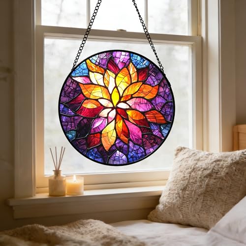 Purple Gradient Flower Stained Glass Window Hanging Gifts for Women 6.3" (Purple Orange / 6.3x6.3 IN)