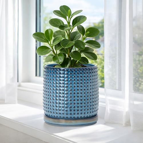 Beaded Ceramic Pot with Saucer (5.8 Inch / Ocean Teal)