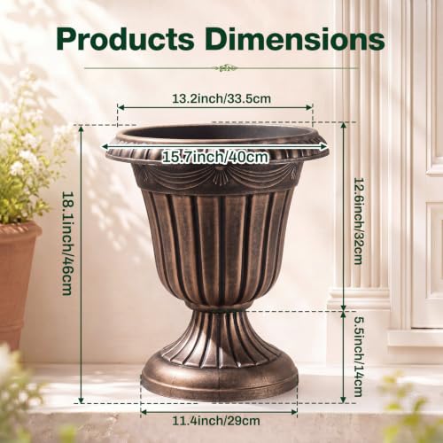 4 Pcs 16 x 18 Inches Brushed Copper Plastic Urn Planter Classic Flower Pots Front Porch Planters Indoor Outdoor Planters with Pedestal for Wedding Party Bridal Shower Garden Patio Porch (16 x 18 Inches / Brushed Copper)