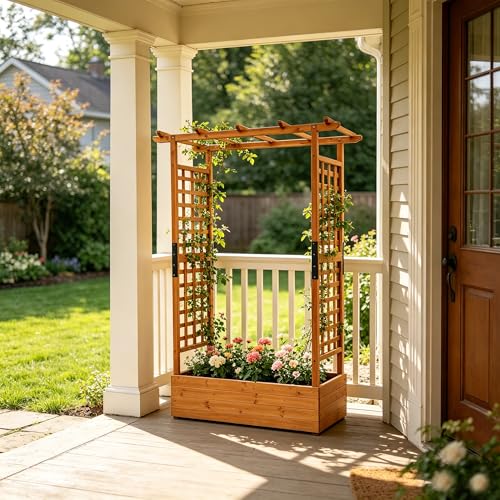 Raised Garden Bed with Wood Trellis Set of 2 Outdoor Planter Box for Tomatoes Climbing Vegetables Herbs Flowers Patio Pots Tall Hanging Roof 2 Drainage Holes Orange (2 Count)