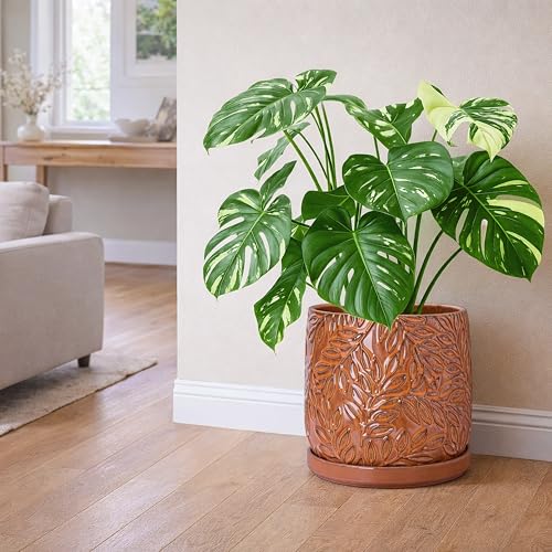 Embossed Leaves Ceramic Planter (10 Inch / Pumpkin)