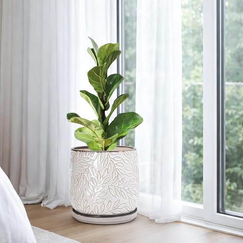 Embossed Leaves Ceramic Planter (8 Inch / Smoked White)