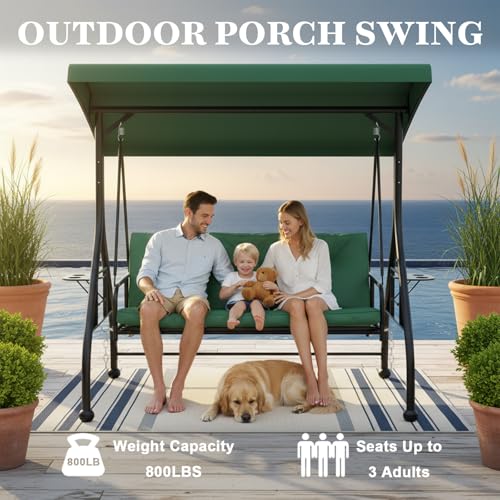3 Seat Patio Porch Swing with Adjustable Canopy and Stand (Green / with cup holder)