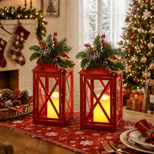 Christmas Lanterns 2 Pack 12'' Red Metal with Candle Holiday Decor