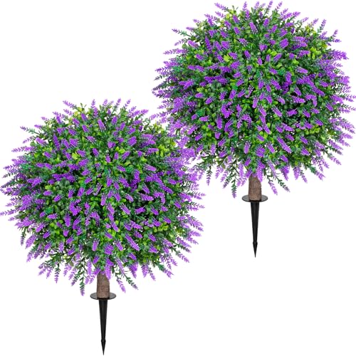 2 Pack UV Resistant Artificial Lavender Boxwood Plants Outdoor (Lavender)