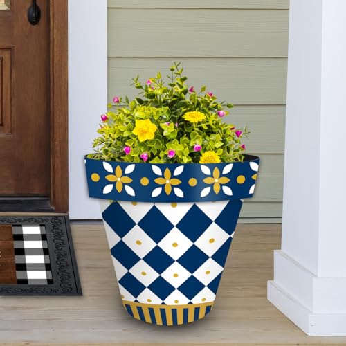Everyday Planter 14" x 15" x 15" Blue and Gold Large Planter (Bg Checker / Large)
