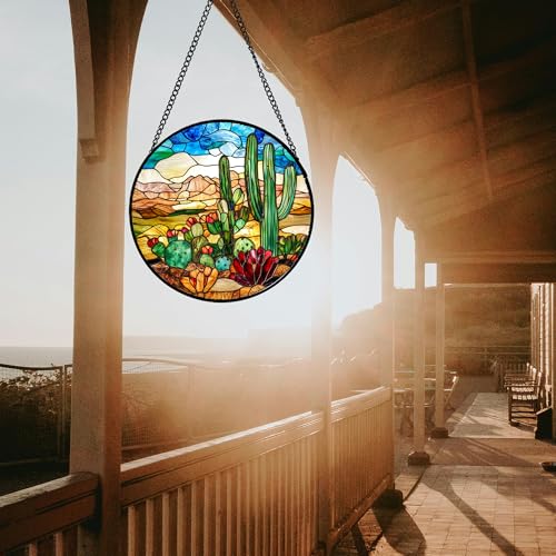 Cactus Desert Flower Stained Glass Window Hanging Suncatcher Gifts 12" (Brown and Green / 11.8x11.8 IN)