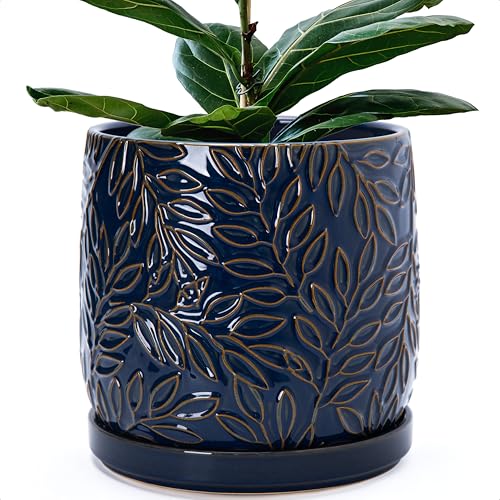 Embossed Leaves Ceramic Planter (10 Inch / Midnight Blue)