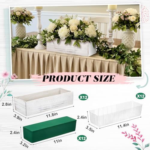 12 Set Wood Boxes for Centerpieces 12x4 Inch Rectangle Wooden Planter Box Rustic Wooden Planters with Removable Plastic Liner Floral Foam Blocks for Christmas Wedding Home Garden Decor (12 X 4 Inch / White)