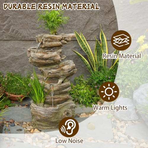 28" Wood Outdoor Water Fountain with Planter for Garden Decor (27.56"H / Brown)