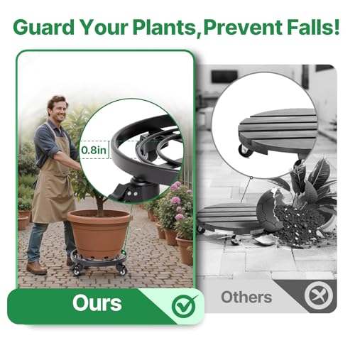 Metal Plant Caddy with Wheels Heavy Duty Iron Rolling Casters Plant Stand 2 Pack 12" Rollers Round Flower Pot Rack on Dolly Holder Indoor Outdoor Planter Trolley (12 inch x 2 pack)