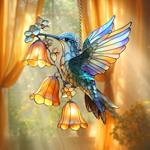 Hummingbird Flower Acrylic Suncatcher Bird Window Hanging Gift for Hummingbird Lover Garden Decor Plant Mom Gift for Mom Grandma (1-fba-ctm-evg-d964-g.2 / 5")