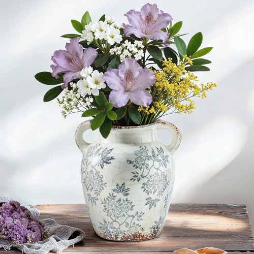 Blue and White Ceramic Vase with Handles (01-blue and White-7.8 in)