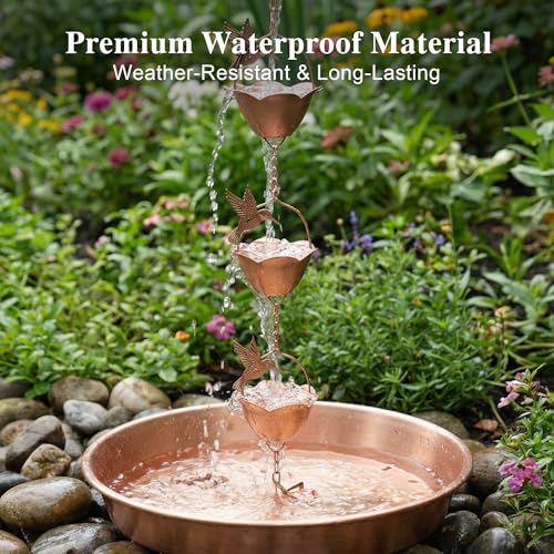 Rain Chain for Gutters (Flower Cups with Hummingbird)