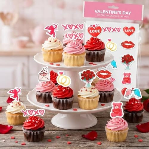 65PCS Valentine's Day Edible Cupcake Toppers & Cake Decorations Romantic Wafer Paper Assortment with Hearts (Red)