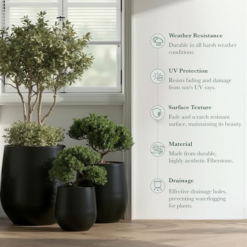 Signature Mount Wilson Modern Indoor Outdoor Fiberstone Tapered Planter (Black / 15'' D x 16.7'' H)