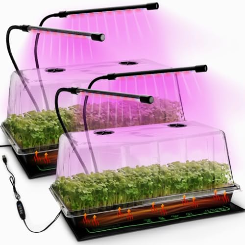 2 Pack 1020 Seed Starter Trays with Heat Mat and Clip (2p 1020Trays+7.3''Domes+Heat Mats+Lights)