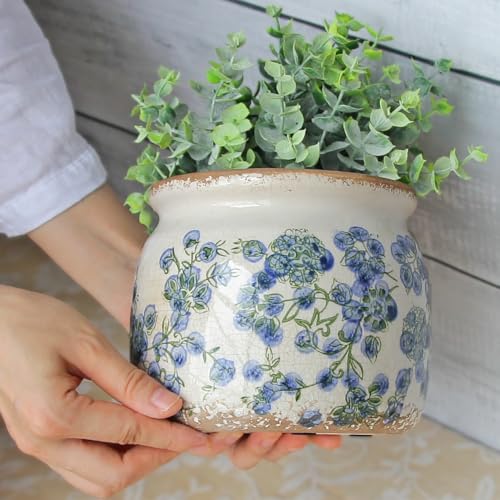 Vintage Cottage Ceramic Planters (Deep Blue Floral / 6.3 in)