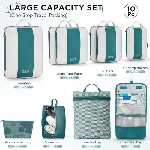 10 Set Compression Packing Cubes for Travel Essentials (Dark Blue Green)