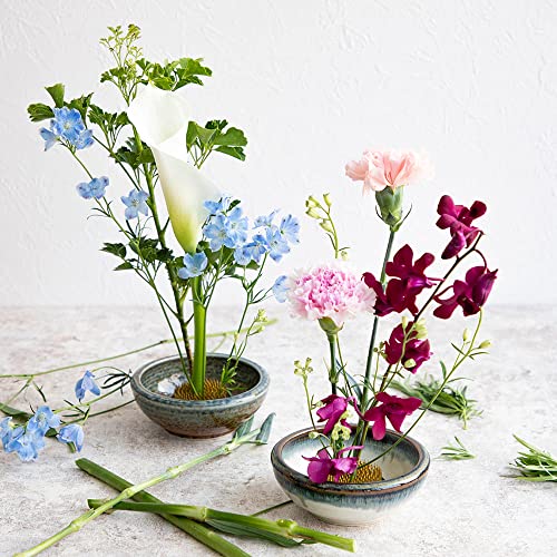 Minoyaki Series Small Round Glazed Ikebana Flower Vase (5.04 x 5.04 x 1.89 inches / White and Blue)