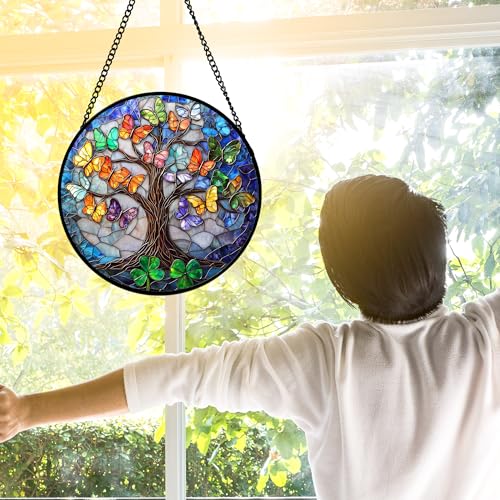 Butterfly Tree of Life Stained Glass Window Hanging Suncatcher Gifts 6.3" (Colorful / 6.3x6.3 IN)