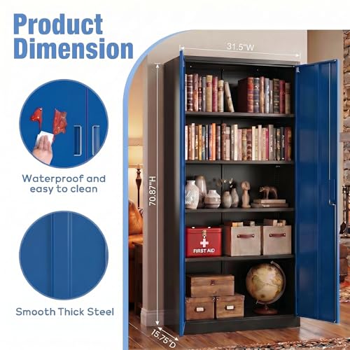 71 Inch Lockable Metal Storage Cabinet (Black & Blue / 15.75"D x 31.50"W x 70.87"H)