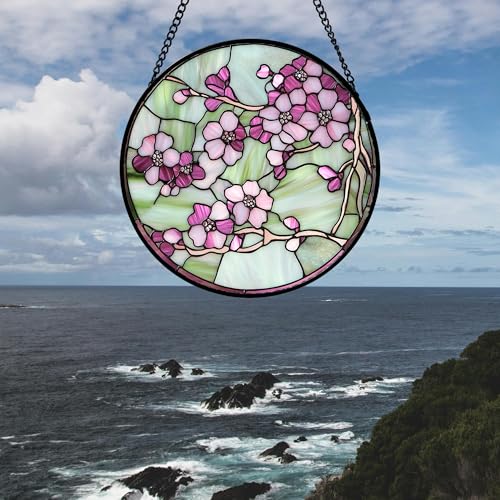 Stained Glass Window Hanging 4 Pcs Set Tulips Plum Flower Daffodils Hyacinths Large 11.8" (4-piece Purple Flower Set / 11.8x11.8 IN)