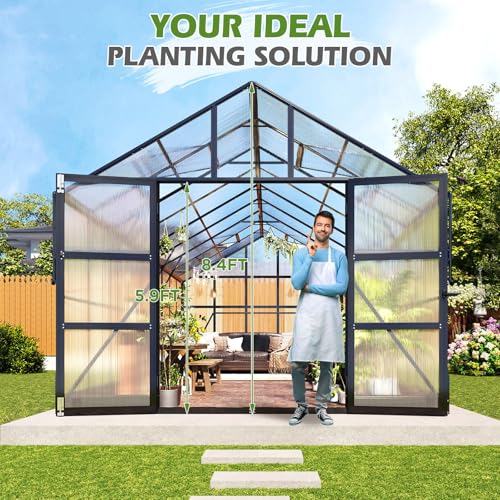 10x14 FT Polycarbonate Greenhouse with 4 Roof Vents (10*8.4*14FT)
