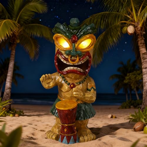 Solar Tiki Garden Statue with LED Eyes Outdoor Polynesian Drummer Hawaiian Party Decor Solar Light Ornament for Patio Porch Lawn or Tiki Lover Best Gifts for Tiki Lovers (Drumming Tiki Statue)
