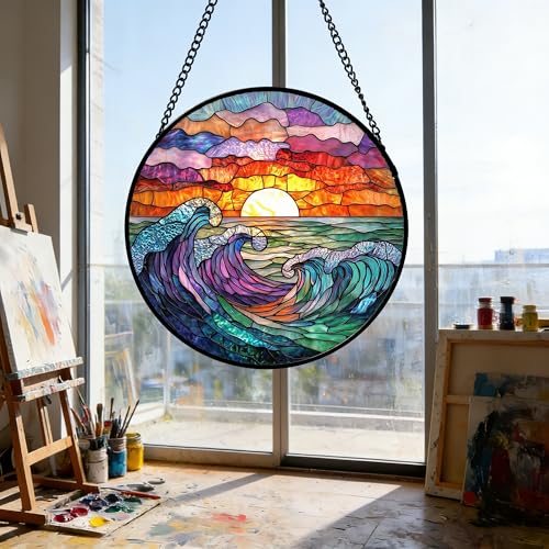 Clouds and Sea Waves Stained Glass Window Hanging Suncatcher Gifts 7.8"