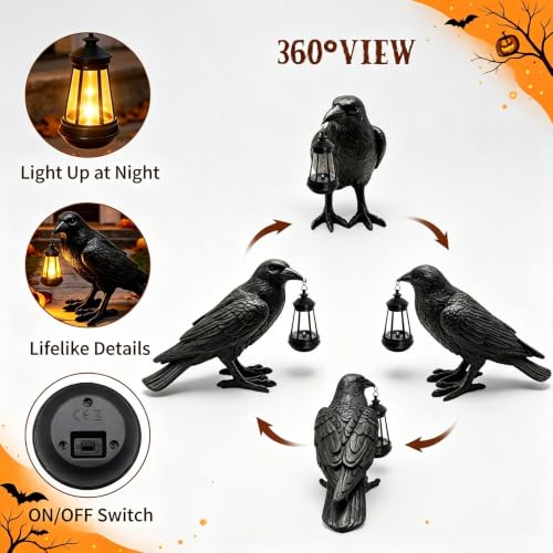 Halloween Crow Solar Garden Statue Outdoor Figurine Halloween Decoration (Black - Crow With Lantern)