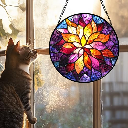 Purple Gradient Flower Stained Glass Window Hanging Gifts for Women 15" (Purple Orange / 15x15 IN)