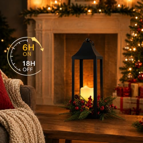 Black Metal Christmas Lantern with Flameless LED Candle Holiday Decor