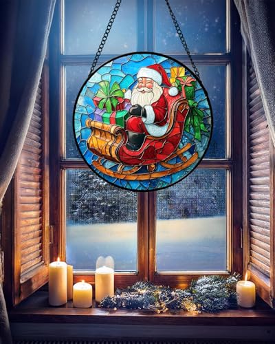 Christmas Santa Sleigh Stained Glass Window Hanging Suncatcher Gifts 9.8" (Red and Blue / 9.8x9.8 IN)