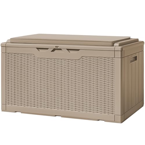 100 Gallon Resin Deck Box Large Outdoor Storage with Cushions for Patio Furniture (Light Coffee / 100 Gallon with Cushion)