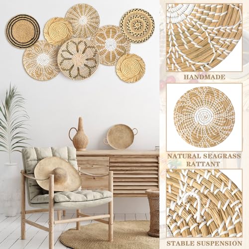 8 Pcs Boho Wall Basket Decor Decorative Bulrush Woven Basket Wall Decor Rustic Farmhouse Hanging Baskets for Kitchen Rustic Home Summer Decorations (Groovy)