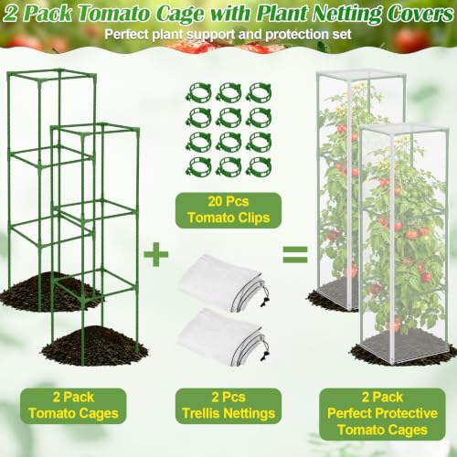 2 Pack Square Tomato Cages with 2 Plant Covers (2 PACK with Plant Covers)