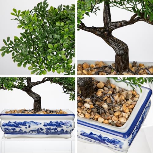 Artificial Bonsai Tree with Blue and White Porcelain Pot (7.5" BW porcelain)